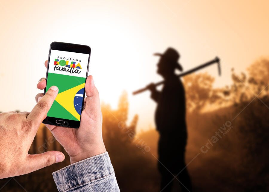 Foto Mãos Segurando Celular Bolsa Família Fundo Rural