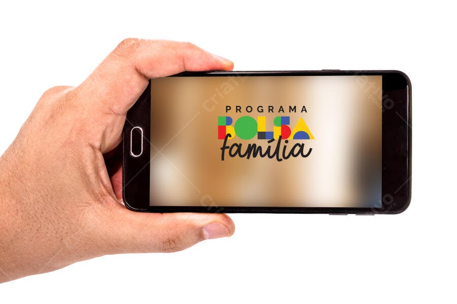 Foto Mão Segurando Celular Programa Bolsa Família Fundo Branco