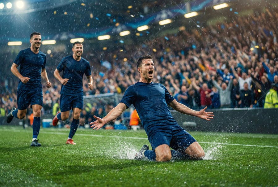 Foto Jogador Futebol Comemorando Gol Chuva Estádio Lotado