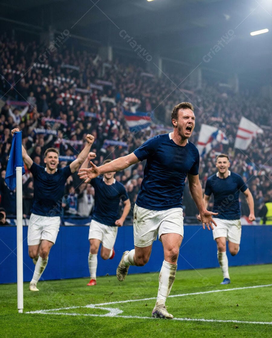 Foto Jogador de Futebol Celebrando Gol Estádio Lotado