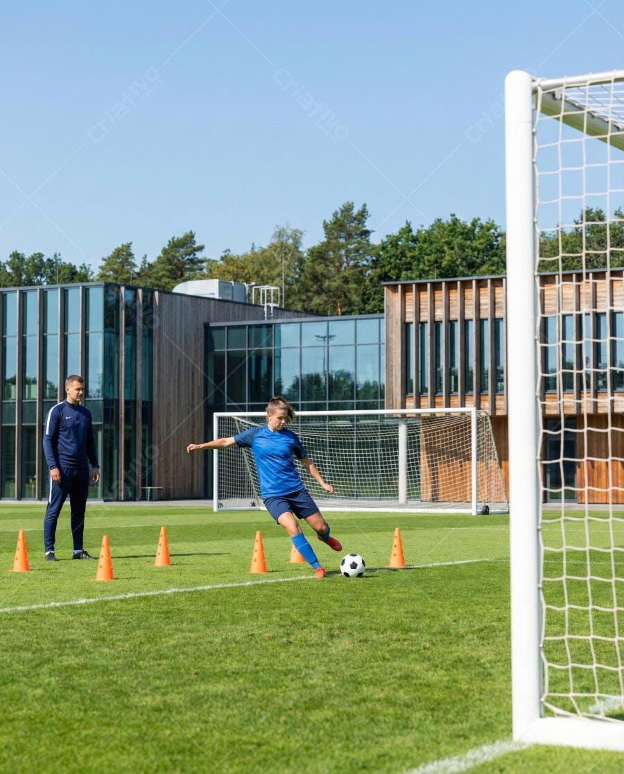 Foto Jogador Futebol Chutando Bola Treino Campo Grama