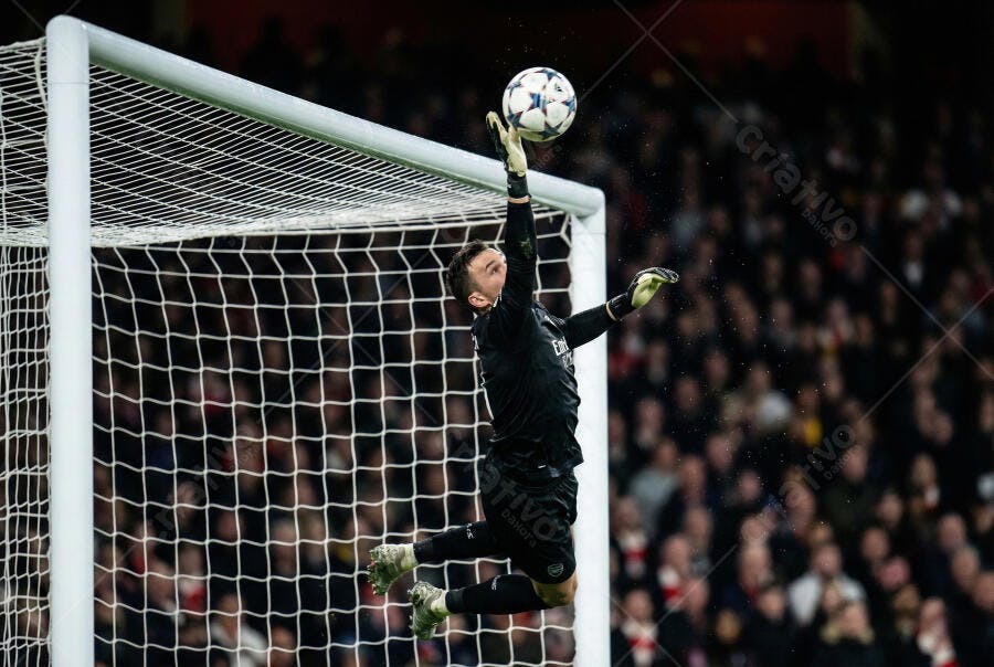 Foto Goleiro Futebol Saltando Defendendo Bola Gol Estádio
