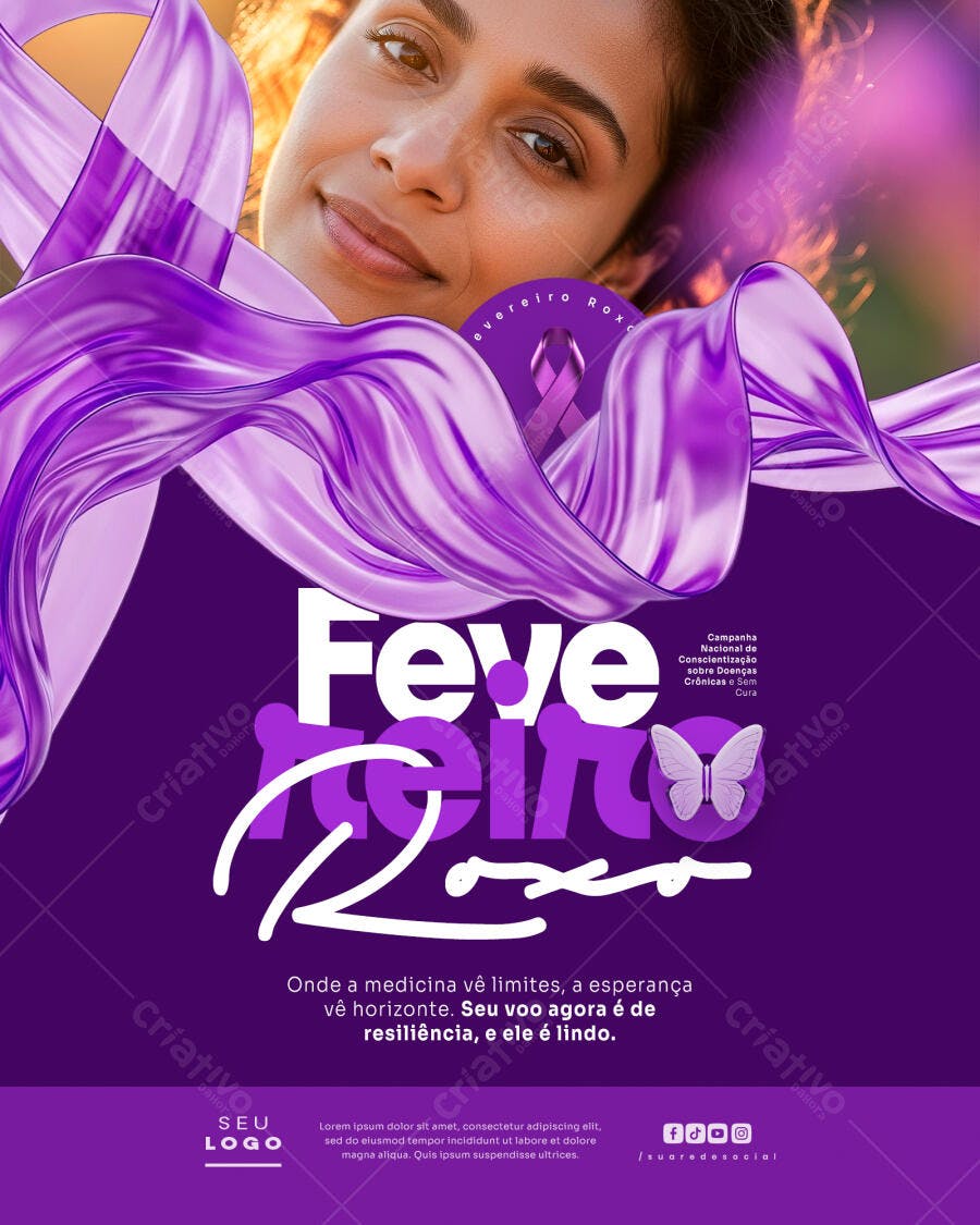 Flyer Fevereiro Roxo Conscientização Doença Rara PSD Editável