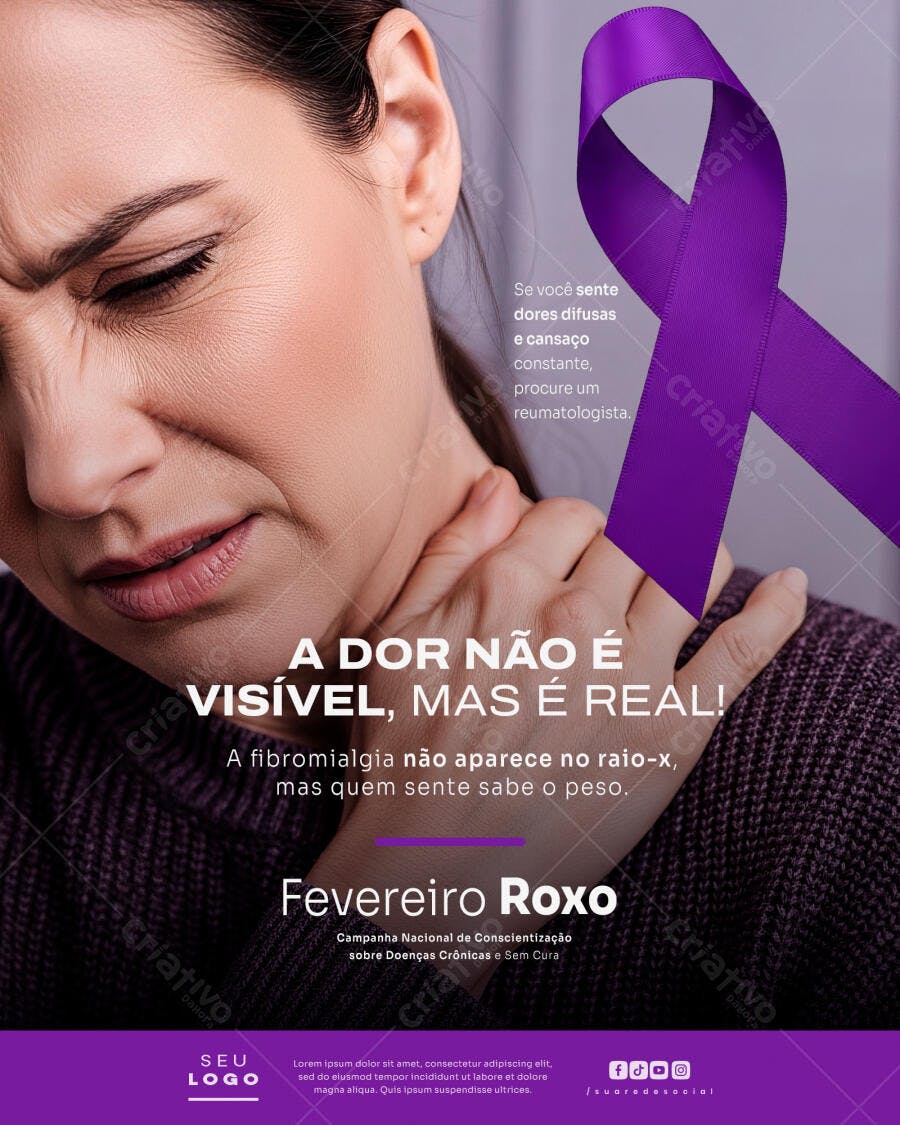 Post Fevereiro Roxo Fibromialgia Conscientização PSD Editável