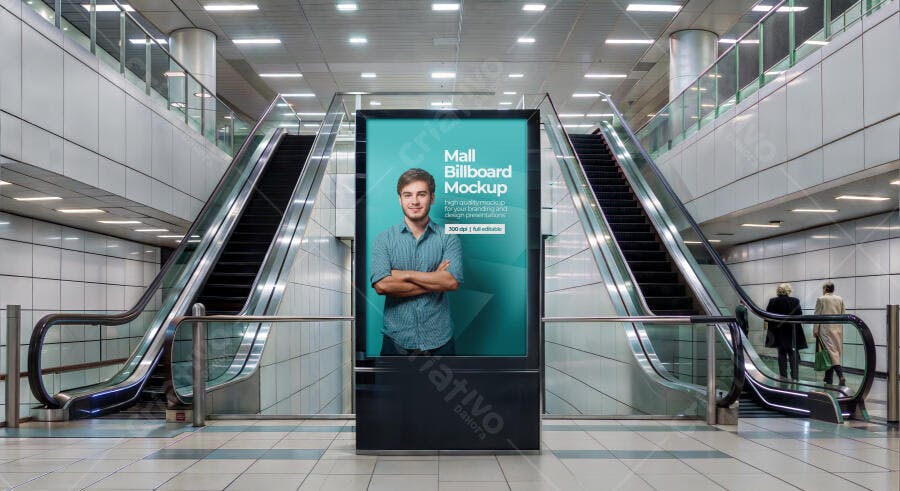 Mockup Outdoor Digital Shopping Mall Escada Rolante Editável
