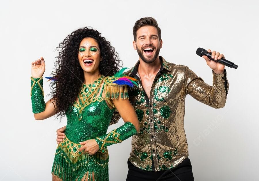 Foto Casal Cantor Fantasia Carnaval Sorrindo Fundo Branco