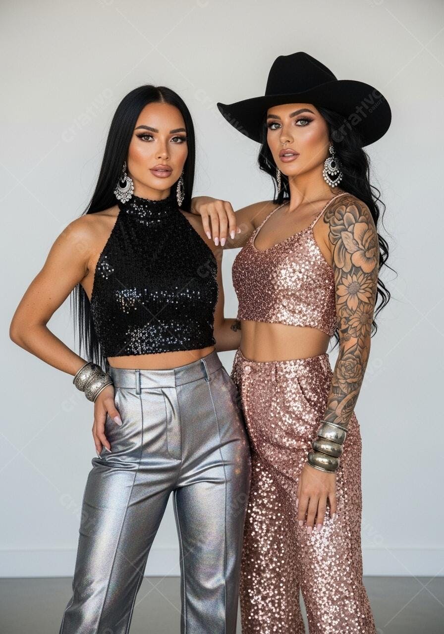 Foto Mulheres Vestido Paetê Chapéu Cowboy Festa Balada