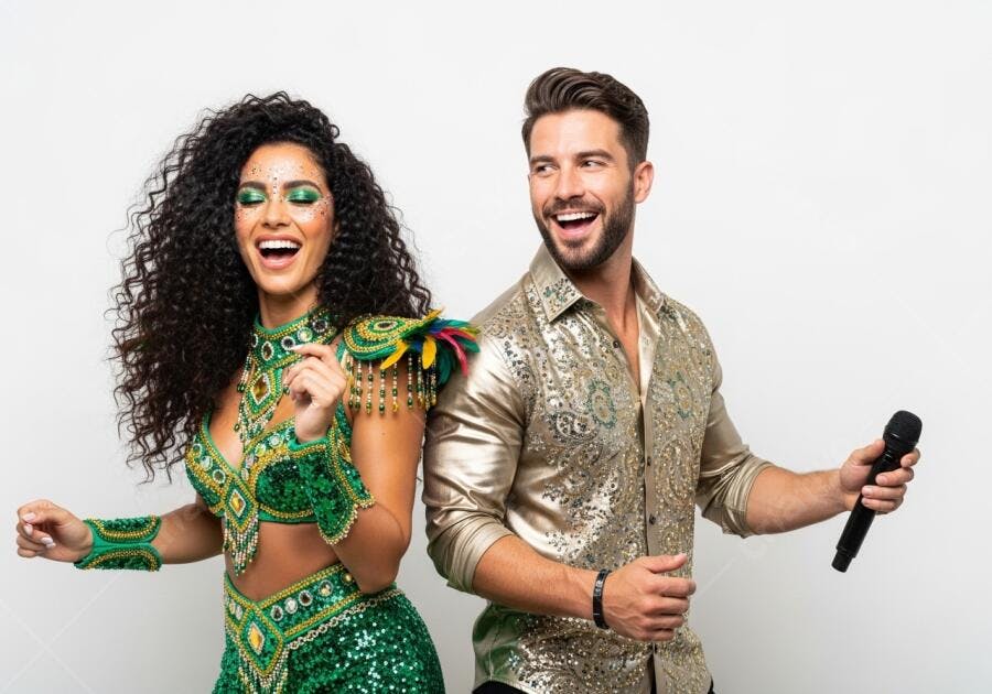 Foto Casal Fantasiado Carnaval Cantando Microfone