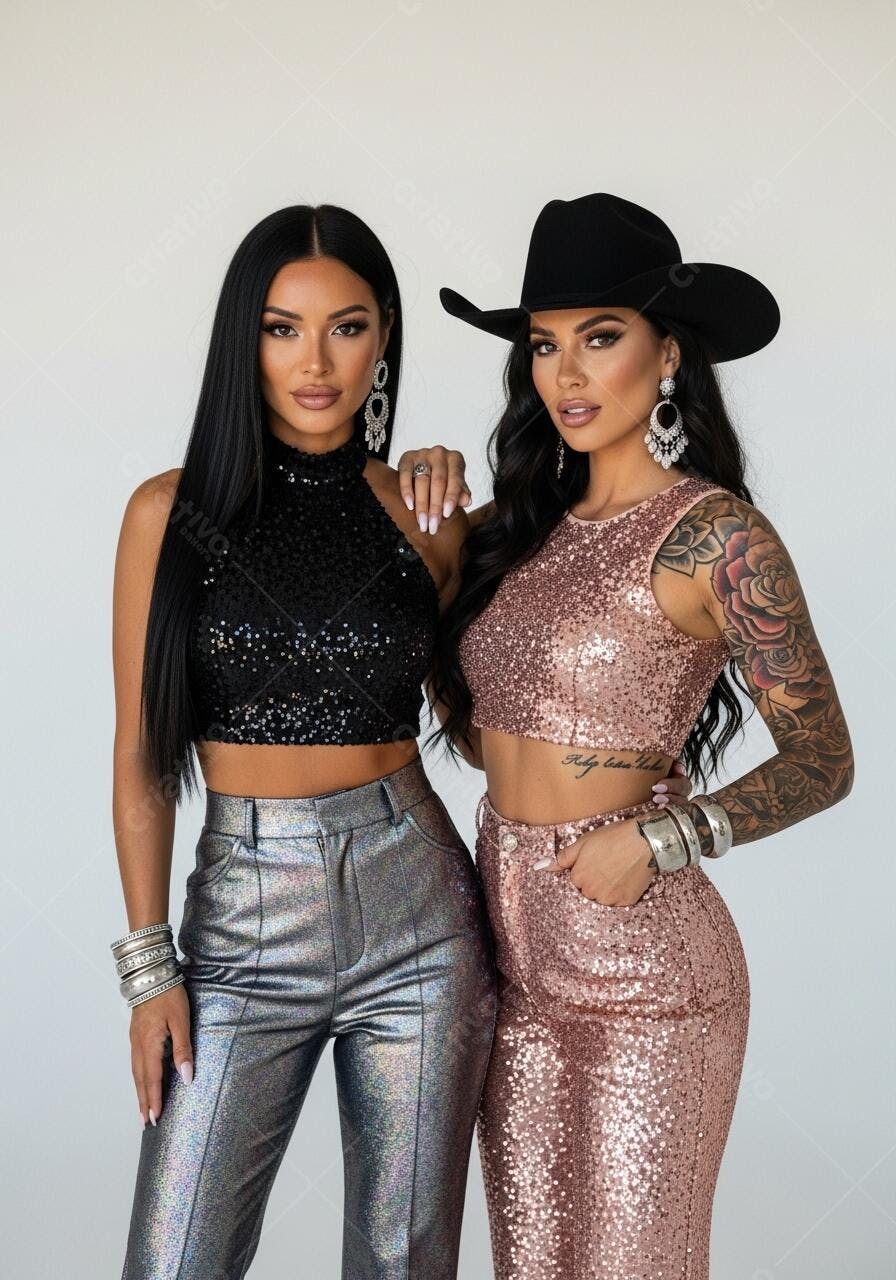 Foto Mulheres Jovens Poses Estúdio Moda Balada Brilho