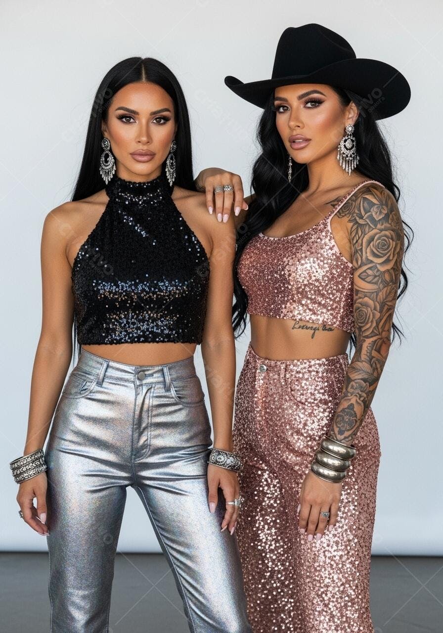 Foto Mulheres Jovens Posa Roupas de Lantejoulas Estúdio