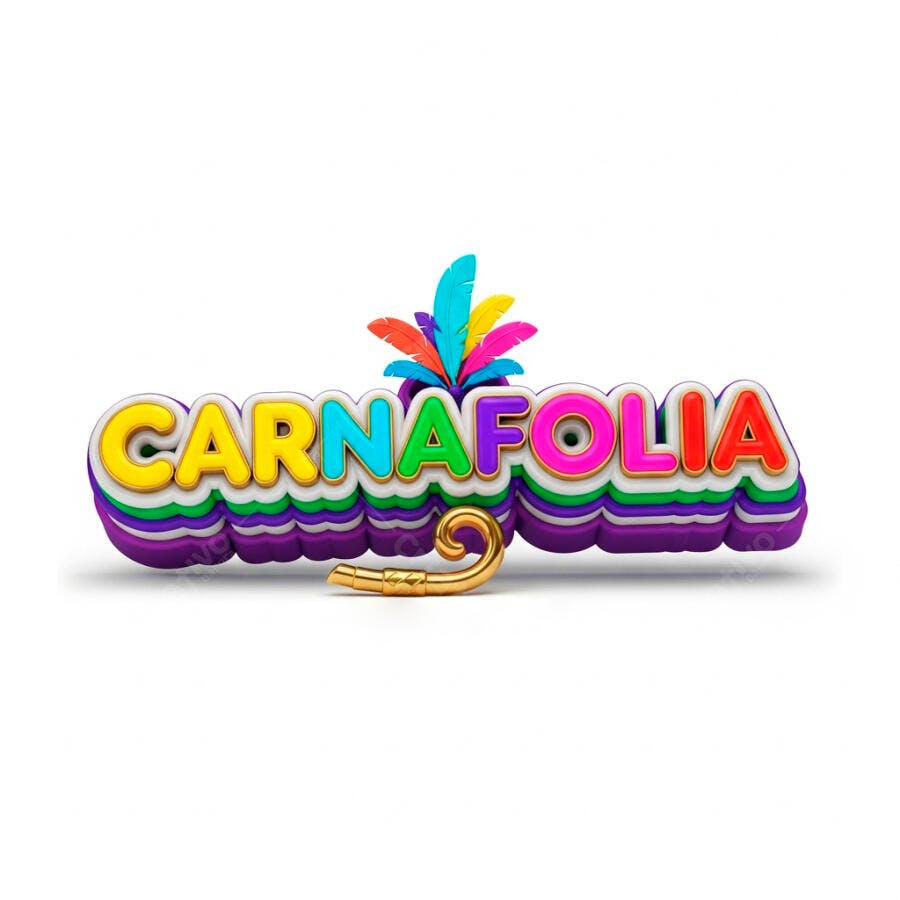 Logo Carnafolia 3D Colorido com Penas e Corneta Carnaval