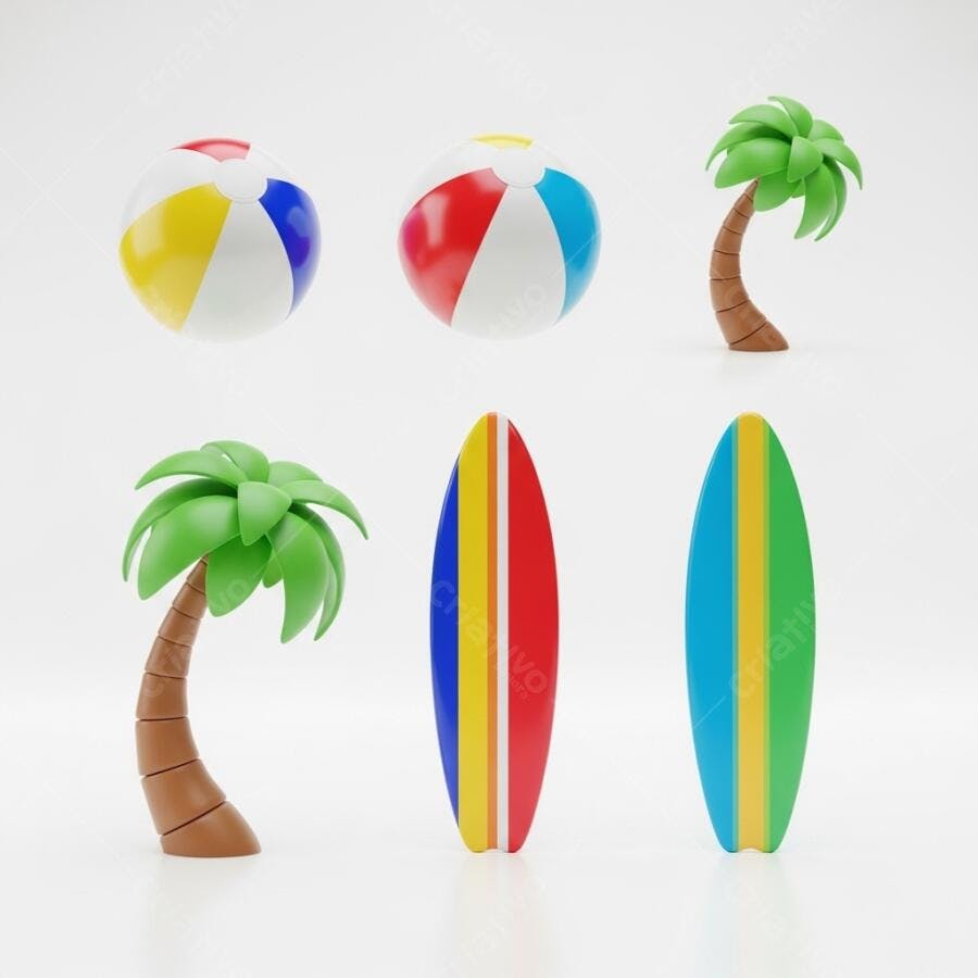Foto Itens de Praia 3D Bolas Pranchas Palmeiras Verão