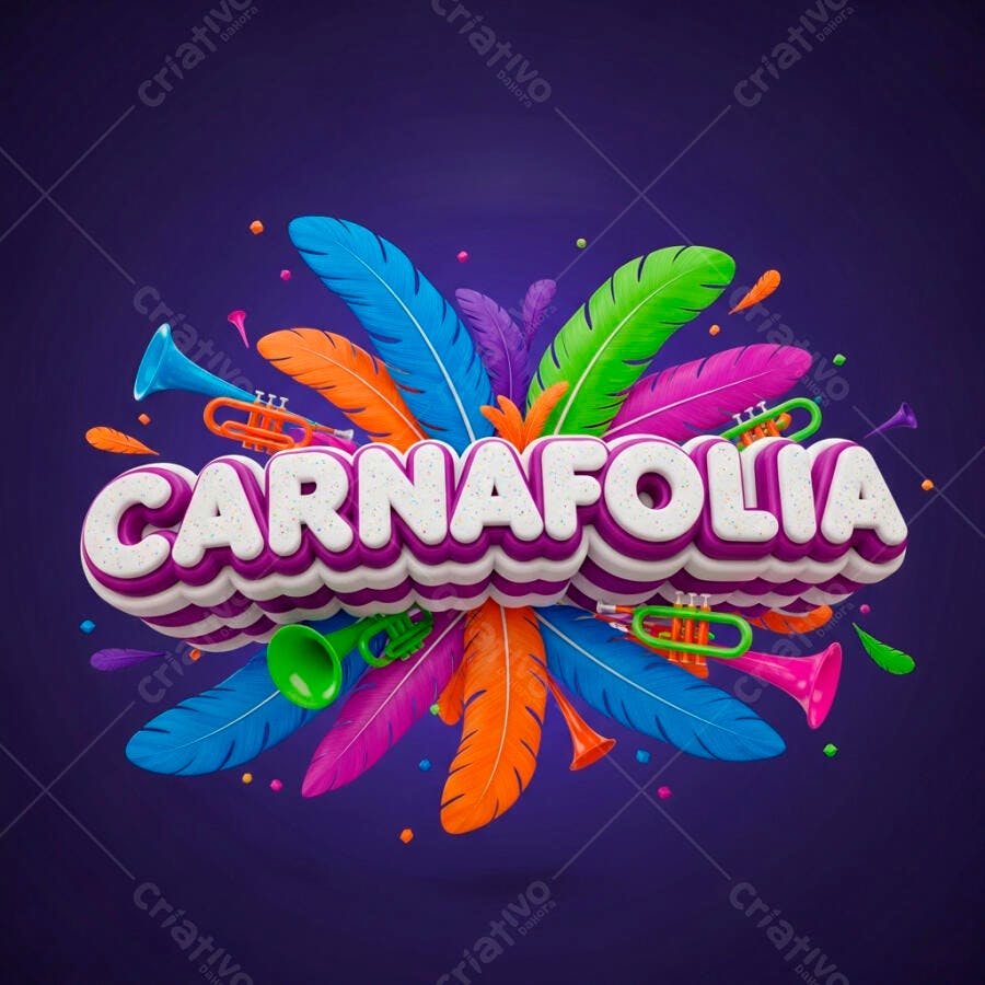Arte 3D Carnafolia Carnaval com Penas e Instrumentos Musicais
