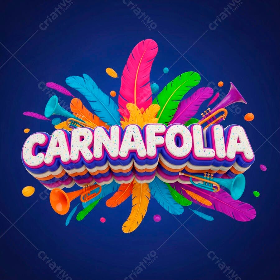 Carnafolia Título 3D com Penas e Instrumentos Musicais