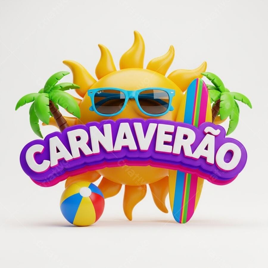 Ilustração 3D Sol Carnavalesco Óculos de Sol Surf Férias