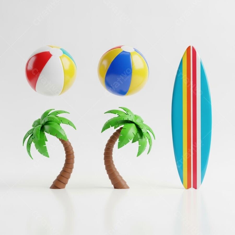 Foto Objetos Praia Verão Prancha Bolas Palmeiras Fundo Branco