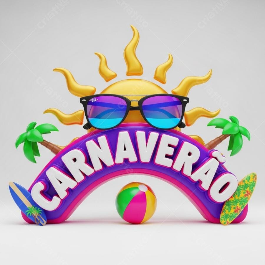 Ilustração 3D Carnaveirão Sol Óculos de Sol Praia Verão