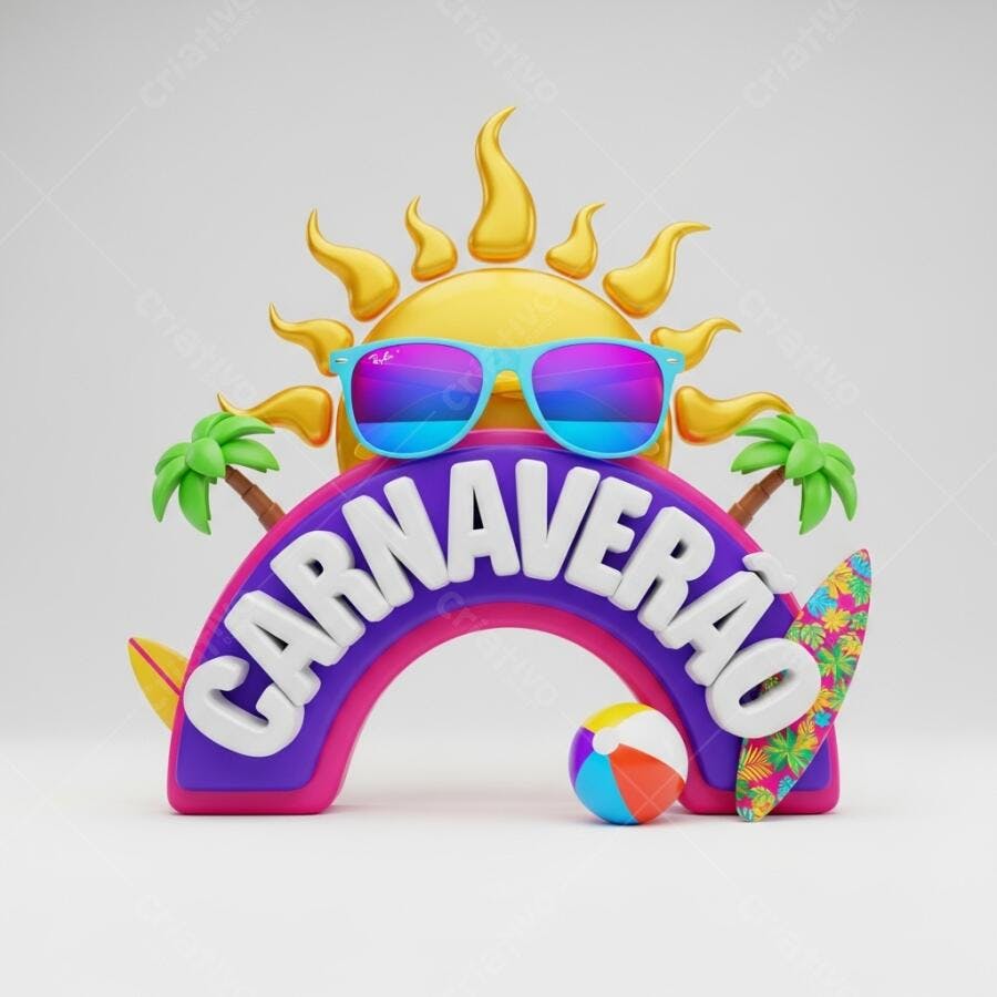 Ilustração 3D Carnaveirão Sol Óculos de Sol Palmeiras Praia