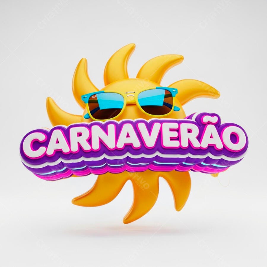 Ilustração Sol de Carnaval com Óculos de Sol e Texto Carnaveirão