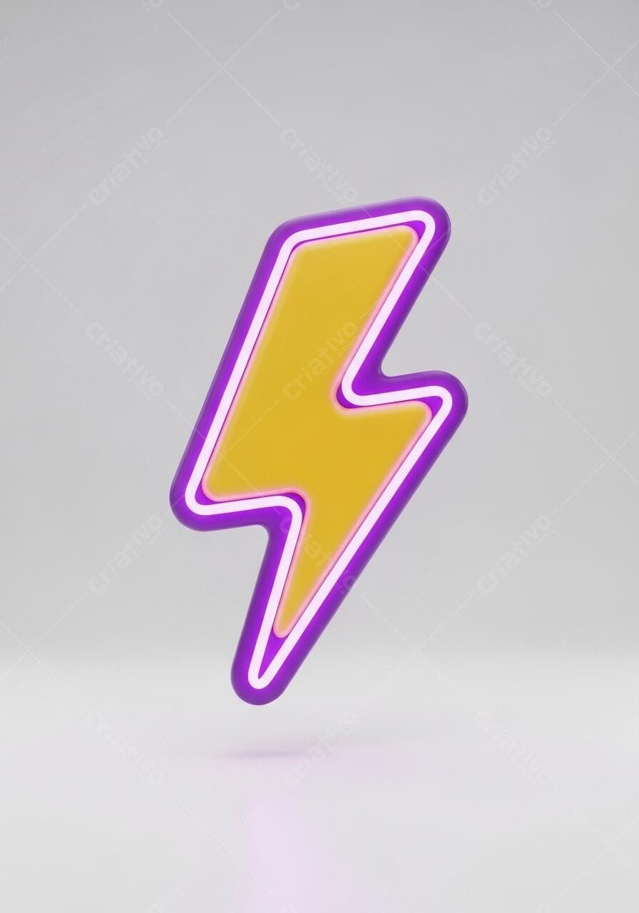 Ícone Raio Neon Roxo Amarelo 3D Fundo Branco