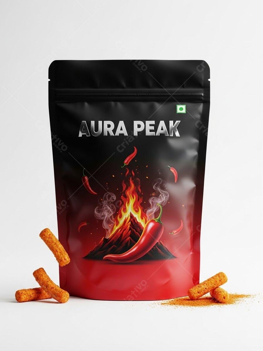 Foto Mockup Embalagem Stand Up Pouch Preta Pimenta Fogo