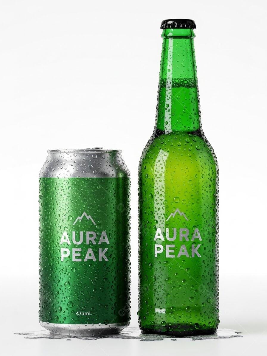 Foto Garrafa e Lata de Cerveja Verde Gelada com Gotas