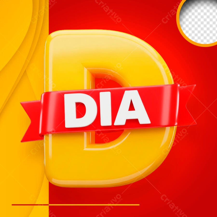Letra D 3D Amarela com Faixa DIA PSD Editável