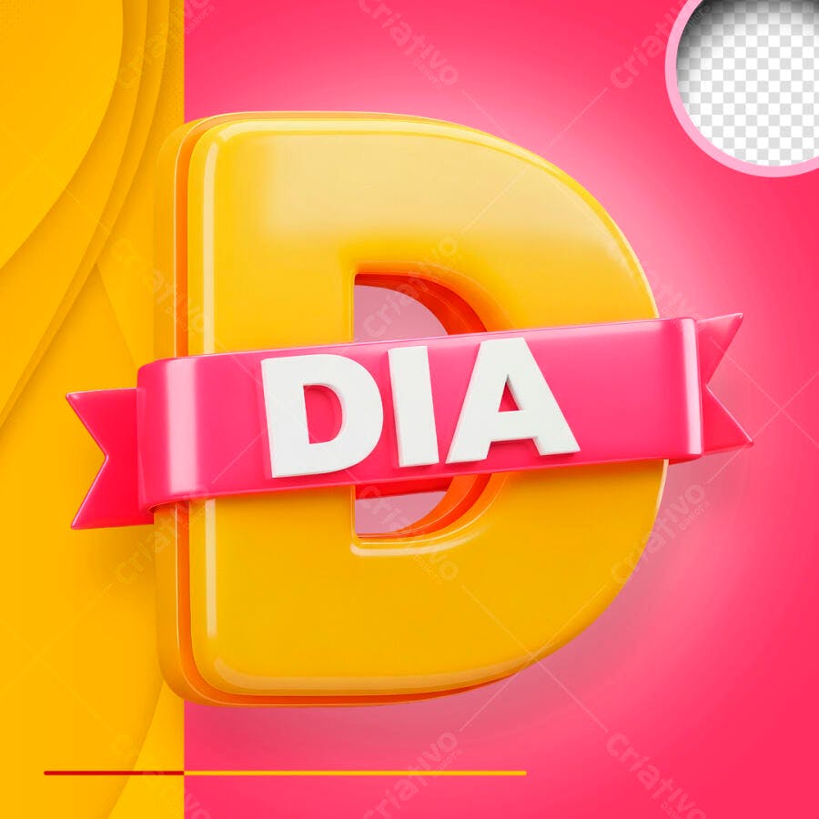 Letra D 3D Amarela com Faixa DIA Pink PSD Editável