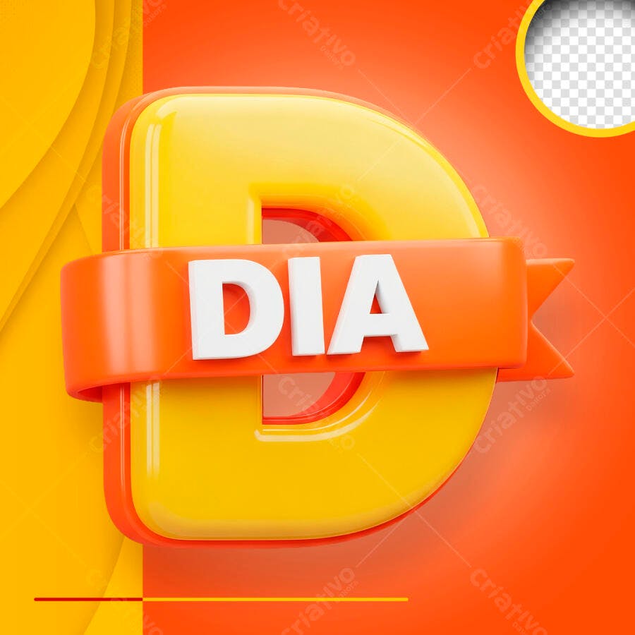 Letra D 3D Amarela com Faixa DIA PSD Editável