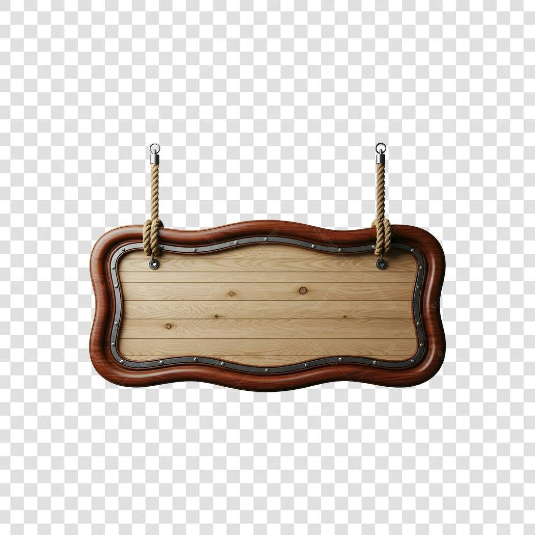 Elemento 3D Placa Madeira Rústica Corda PNG Fundo Transparente