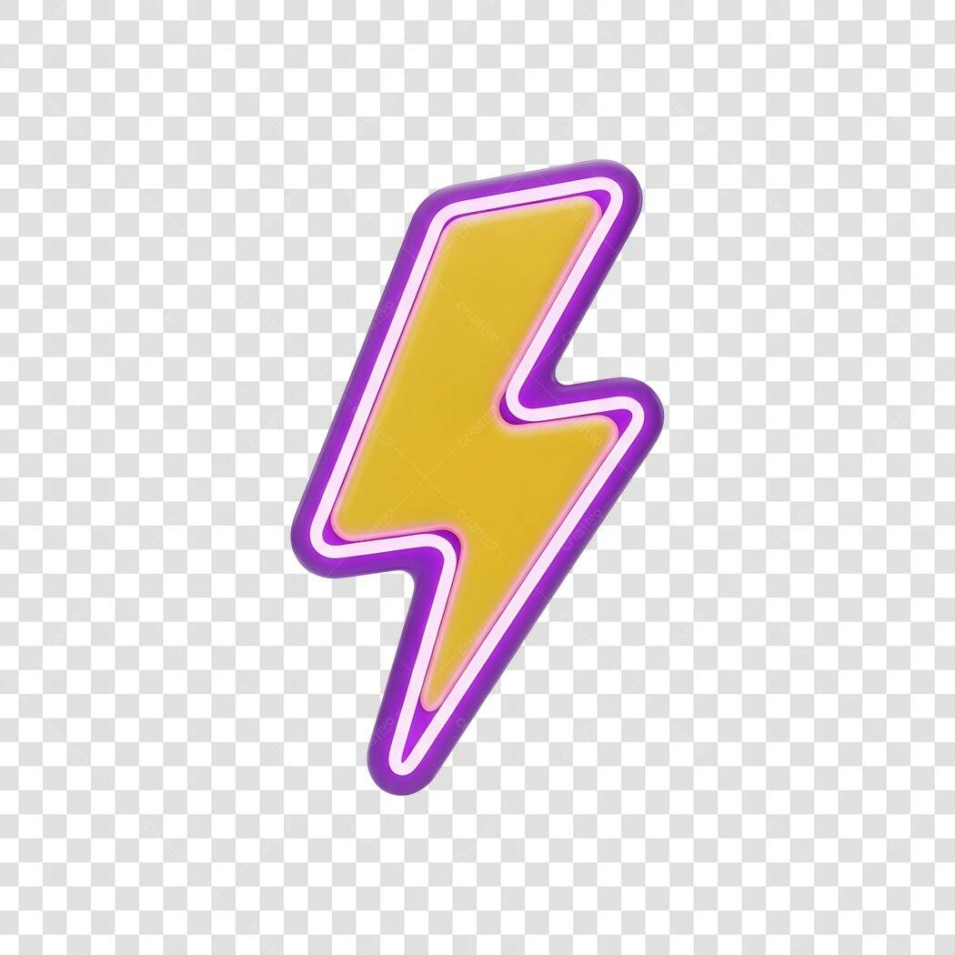 Elemento 3D Raio Amarelo Contorno Roxo PNG Fundo Transparente