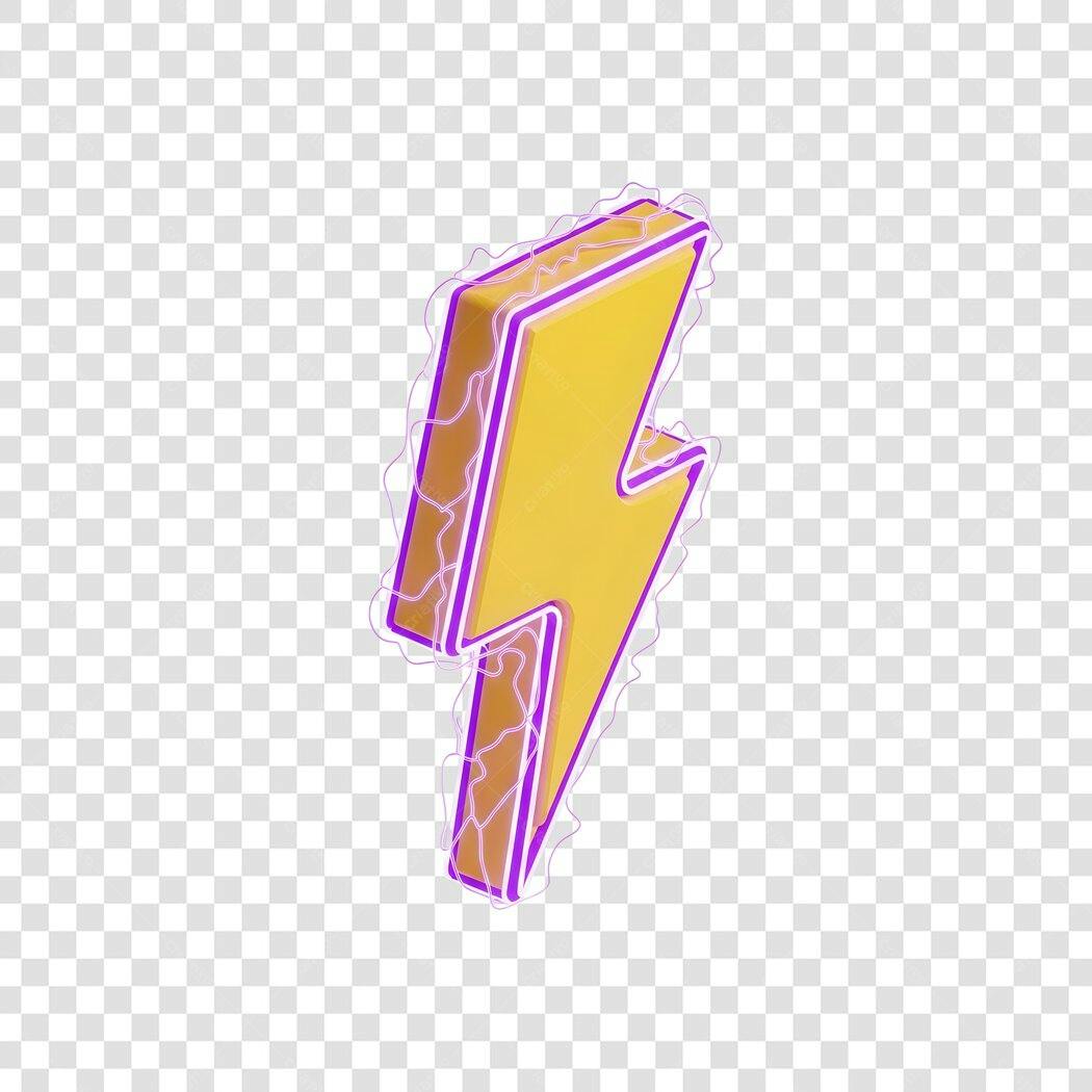 Elemento 3D Raio Amarelo Neon Roxo PNG Fundo Transparente