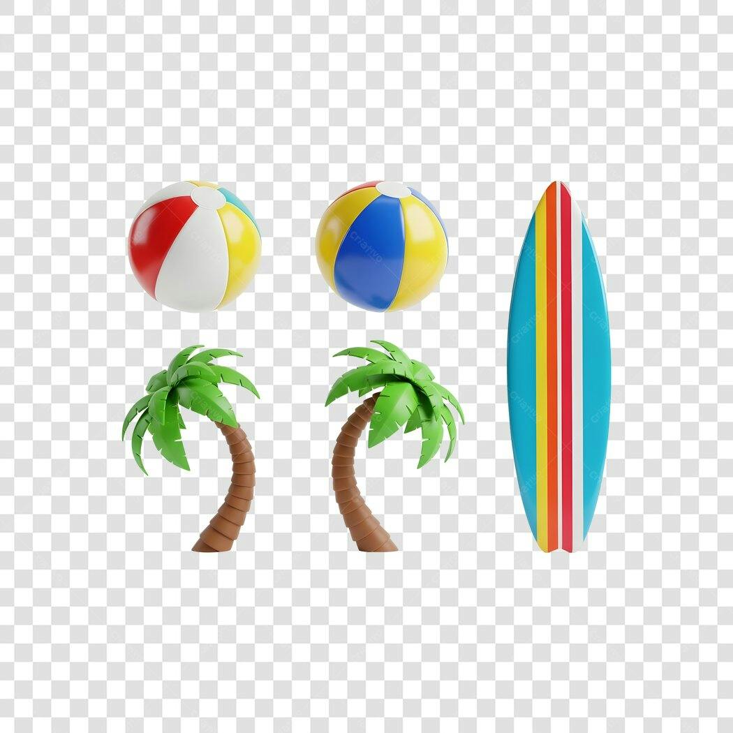 Elemento 3D Verão Praia Bolas Prancha Coqueiros PNG Fundo Transparente
