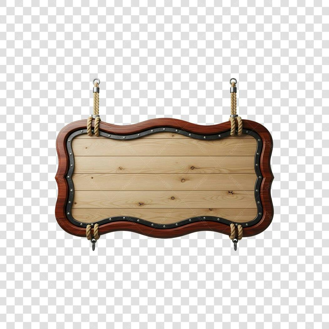 Elemento 3D Placa Madeira Rústica Corda PNG Fundo Transparente