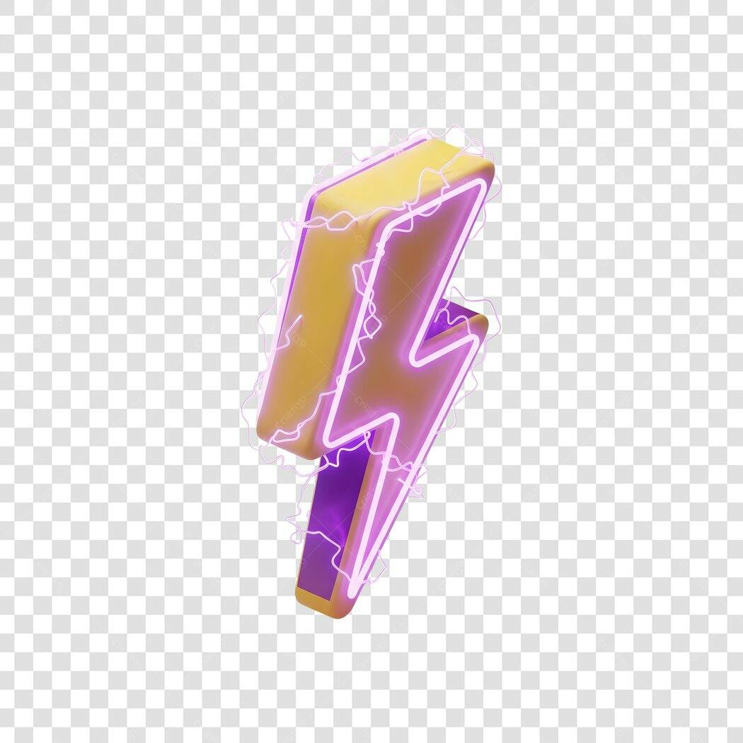Elemento 3D Raio Neon Amarelo Roxo PNG Fundo Transparente