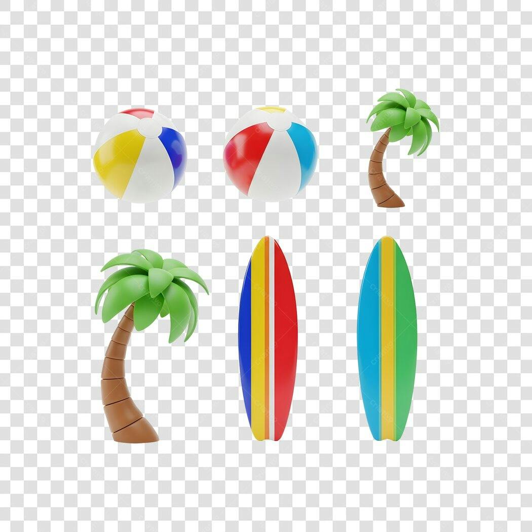 Elemento 3D Verão Praia Bolas Pranchas Palmeiras PNG Fundo Transparente