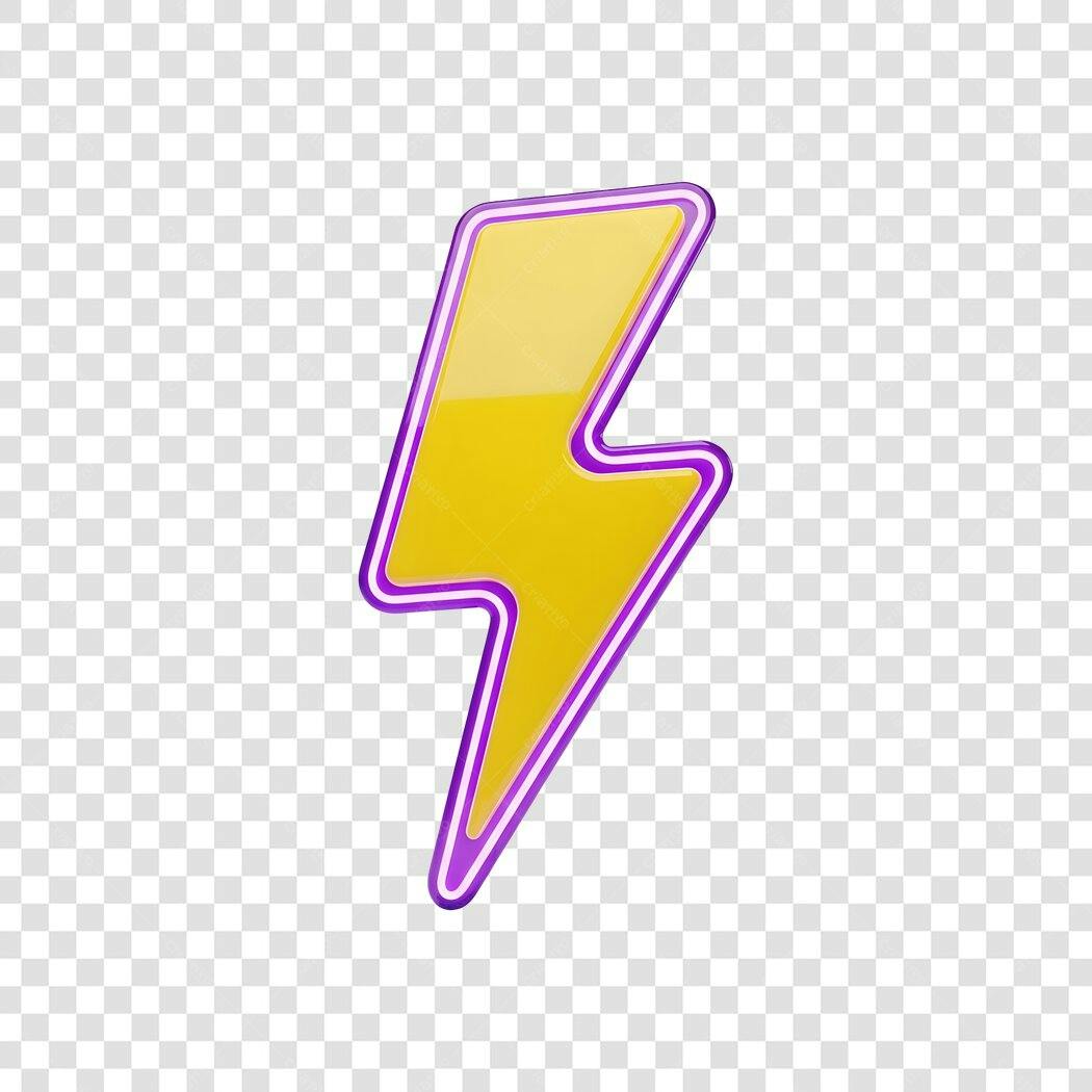 Elemento 3D Raio Amarelo Contorno Roxo PNG Fundo Transparente