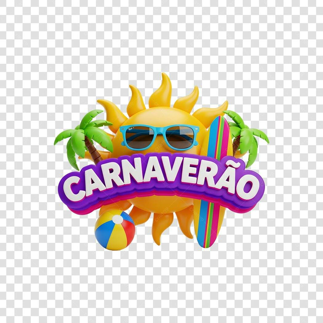 Elemento 3D Sol Carnaveirão Verão Carnaval Fevereiro PNG Fundo Transparente