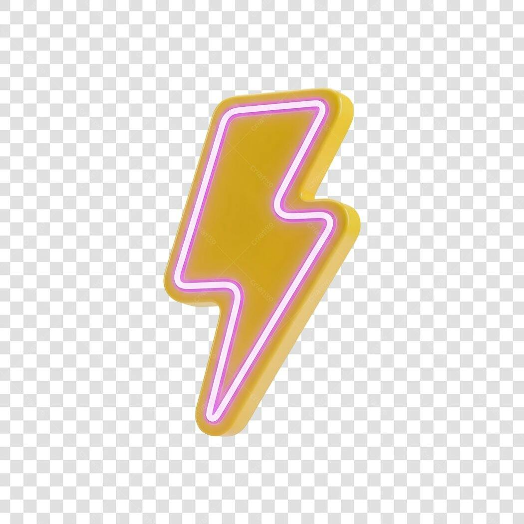 Elemento 3D Raio Amarelo Neon Roxo PNG Fundo Transparente