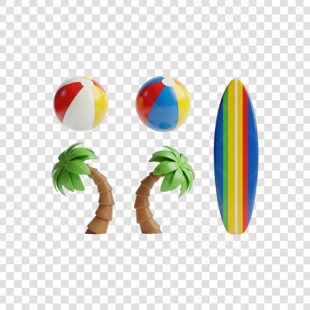 Elemento 3D Verão Praia Bolas Prancha Coqueiro PNG Fundo Transparente