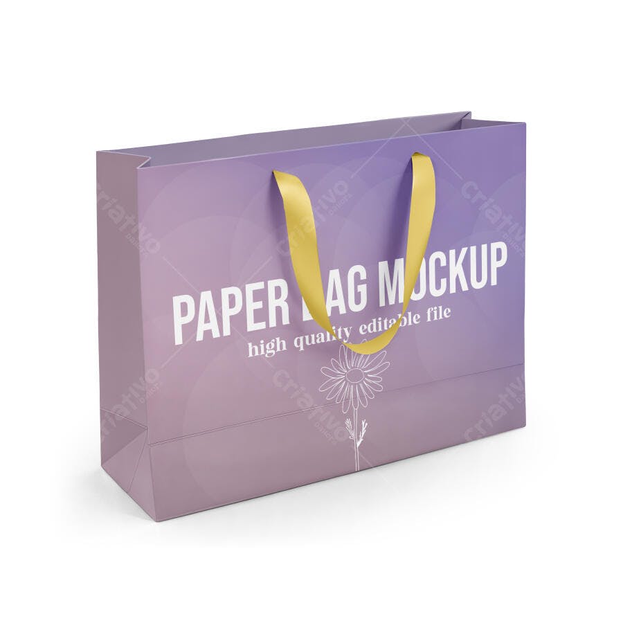 Mockup Sacola Papel Roxa Alça Amarela Frontal Editável
