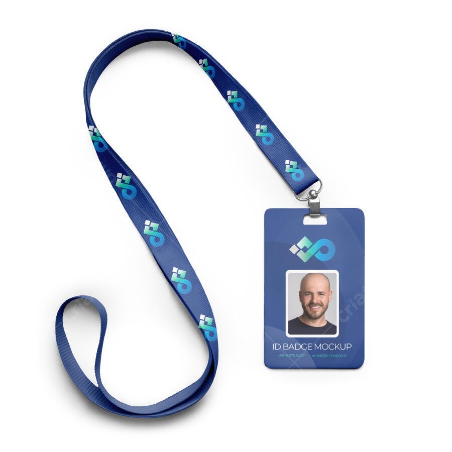 Mockup Crachá Identificação Cordão Azul Fundo Branco Editável