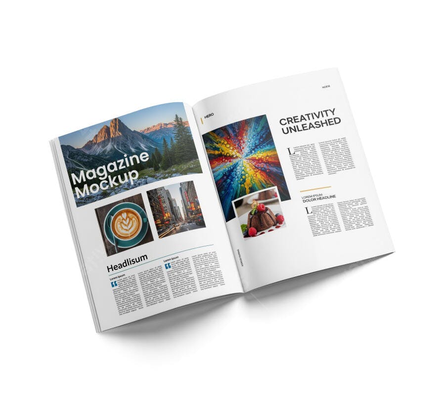Mockup Revista Aberta Vista Superior Fundo Branco Editável