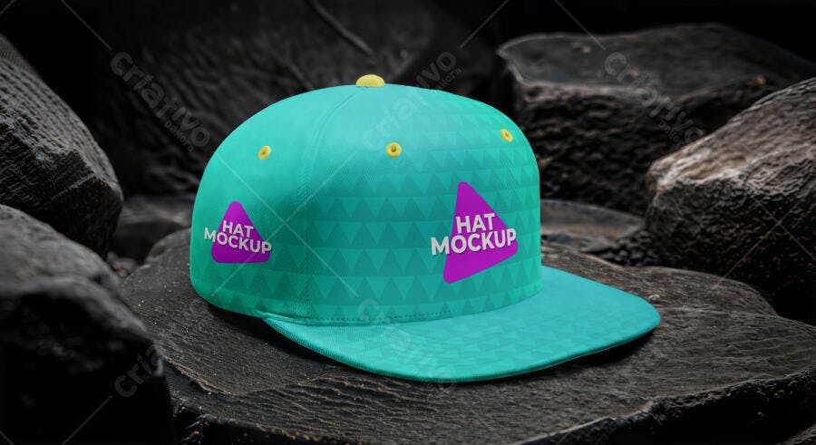Mockup Boné Teal Fundo Escuro Pedras Realista Editável