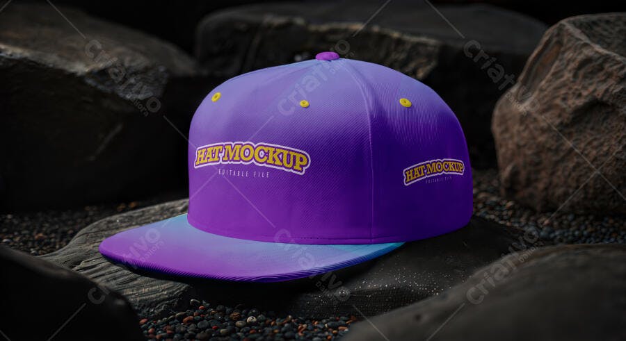 Mockup Boné Roxo Aba Reta Pedras Escuras Editável
