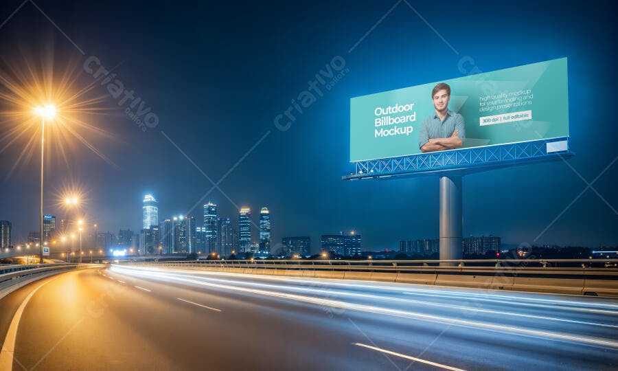 Mockup Outdoor Painel Rodovia Noturna Editável