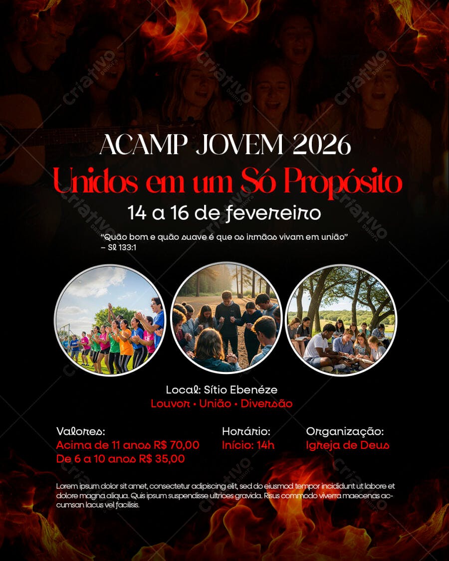 Flyer Acampamento Jovem Igreja Fevereiro PSD Editável