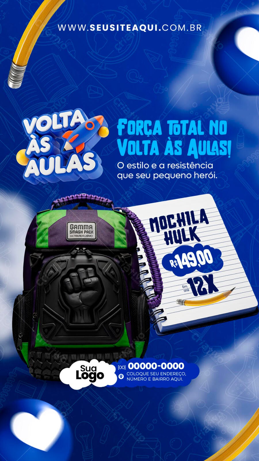 Story Instagram Volta às Aulas Mochila Hulk PSD Editável