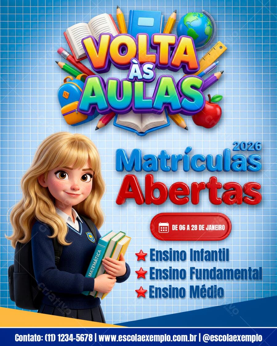 Flyer Volta às Aulas Matrículas Abertas Escola PSD Editável
