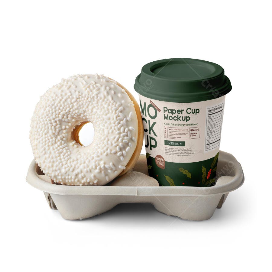Mockup Copo Papel Donut Cafeteria Fundo Branco Editável